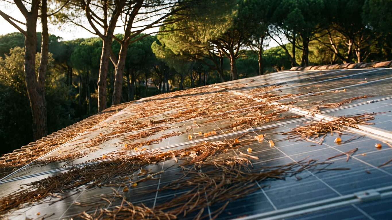 Aghi di pino e resina sui pannelli fotovoltaici