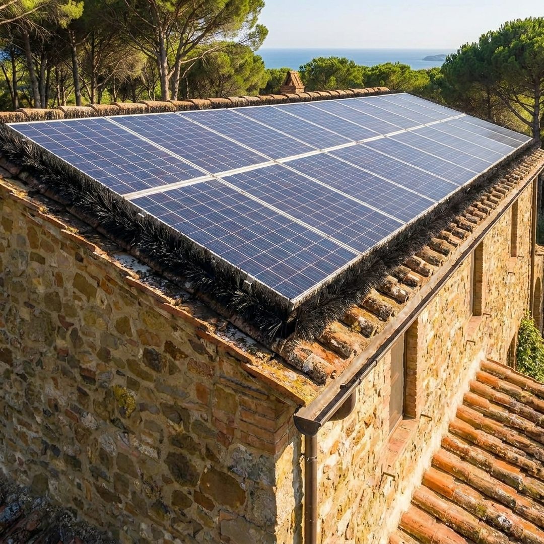 Casale in pietra con impianto fotovoltaico protetto da spazzole antipiccione